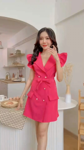 เดรสปกสูทแขนระบาย มีโบว์ผูกเอว