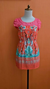 mini dress wanita orange salem motif batik FOREVER21 cewek S lengan pendek pinggang karet