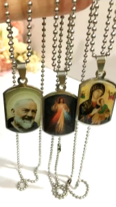 Divine Mercy Perpetual & Padre Pio Medal Necklace 27” Silver Ball Chain Non-Tarnish Stainless Steel