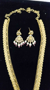 Gold Coin Peacock Haram Necklace and Earrings Set with Pearls