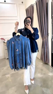 Blouse Jeans Wanita Premium – Kalila / Vinza / Arie | Atasan Denim Bordir LD 110–112 | Kancing Depan Aktif | Nyaman & Adem