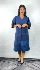 Dress Etnik Tenun Modern Ulos Sibolang Batik Batak Lengan Lurus Leher V by Miss Nauli