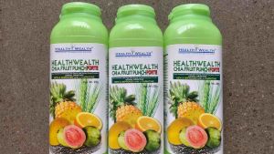 HEALTHWEALTH Chia Fruit Punch - FORTE green bottle with fruit images on label