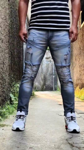 Celana Jeans Sobek Pria Panjang Bikers Garis Stretch Melar Denim Tebal Slimfit Skinny Size 28-33