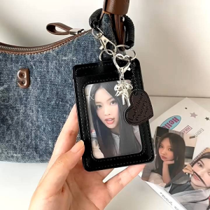 Multi ID Card Holder PU Leather Black Heart With Spring Rope Tempat Kartu Pelajar Photo Idol