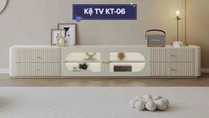 Kệ TV phòng khách SAVIOUR cốt gỗ MDF kết hợp kính sóng với chân gỗ sang trọng hiện đại KT-06