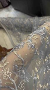 Bahan Kebaya Mewah Brokat Tile Embroidery Peony Bordir Tumpal Tepi 2Tone Warna Soft Blue-Gold Harga Setengah Meter