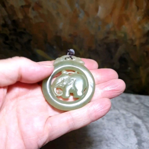 Premium Nephrite light greenish with some caramel brownish dots hollowed out & double-side carved Elephant Jade pendant (with certificate)和田玉且末青白带小许糖沁镂空双面雕刻大象吊坠(带证书)