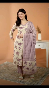 [ Ready SG Stock ] Purple with Golden hue Floral Printed Straight cut 3 Pcs Cotton Punjabi Suit with Dupatta [ Indian Dresses ]