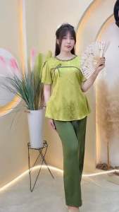 Bộ Đồ Lam Gấm Quần Ống Suông Áo Tay Phồng Đính Nơ Xinh Xắn Bigsize 50kg-95kg