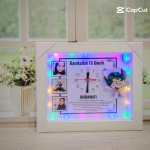 30x25cm jam dinding lampu hias buket bunga edelweis LED scrap box bingkai frame pigura foto popup 3D hadiah kado gift hampers custom ultah ulang tahun anniversary valentine wisuda wedding hari ibu guru Natal kelulusan unik Aesthetic