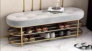 Băng ghế nghỉ ngồi chờ bầu dục bọc da nỉ máy cúc với chân kim loại sơn tĩnh điện 2 tầng để giày sang trọng