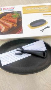 Chảo gang oval- làm bò né bò beefsteak - Bộ chảo gang OvalDRAGON chống dính kèm đế gỗ và gắp chảo size 24.5cm - 28cm