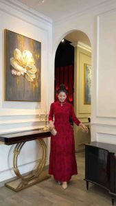 Áo dài giả đầm trung niên [Salu Store] mã M802 Vải thun Asitas co giãn nhẹ thoáng mát có lớp lót bên trong mềm mại size từ 48kg đến 75kg