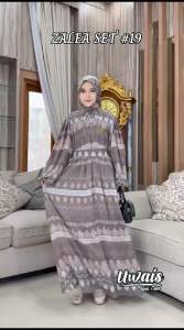 UWAIS | Zalea Dress Set Hijab Segiempat / Dress Pesta Lebaran Bahan Ceruty Motif Full Furing Line A Mayung Resleting Depan Busui Lengan Balon LD 112 cm muat hingga BB 70kg