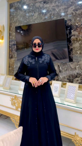 Gamis Abaya Turkey Jersey Mix Ceruty Terbaru Alzahra Full Hitam