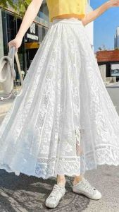 กระโปรงชีฟองลูกไม้ งานสวย ผ้าใส่สบาย มี ครีม ขาว เอวยางยืด วินเทจสุดๆ Mookrinstyle