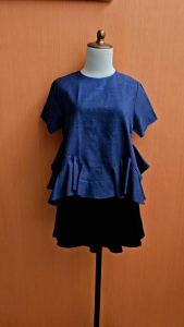 atasan wanita biru tua FESTIVE cewek M lengan pendek blouse cute bawah model rumbai