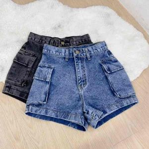 S-XL กางเกงขาสั้น ยีนส์ ผู้หญิง ตกแต่งกระเป๋าข้าง คาร์โก้ เอวสูง ผ้าไม่ยืด มี 2 สี ผู้สะดวก ผู้หญิง
