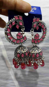 Peacock Style Big Earrings – Pink & White Stone Design with Pearl Drop | Gold Polished Traditional Jewellery | Perfect for Weddings & Parties