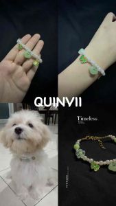 Handmade Pearl Pet Necklace with green accents featuring butterfly flower and jade-like charm. Suitable for casual or springtime wear.