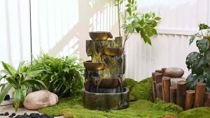 Rustic Stone-Style Tabletop Water Fountain Relaxing Sound of Flowing Water with LED Indoor Outdoor