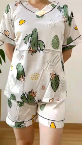 ●ECLAIRE● 0IS Setelan Celana Piyama HP Pakaian Tidur Satin Vneck Motif Kaktus Cactus Lucu Unik import