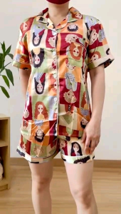 ●ECLAIRE● 0IS Setelan Celana Piyama HP Pakaian Tidur Satin Kerah Kemeja Kancing Hidup Motif People Cartoon import