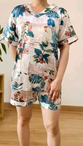 ●ECLAIRE● 0IS Setelan Celana Piyama HP Pakaian Tidur Satin Vneck Motif Blue Leaf Daun Bunga Flower import