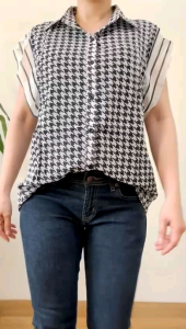 ●ECLAIRE● 003 Kemeja Shirt Lengan Lapis Ruffle Houndstooth HS Korea Kasual Casual Kerja Santai Mode Cantik Import 2226