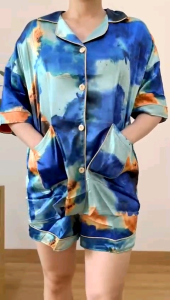 ●ECLAIRE● 02L Setelan Celana Piyama HP Pakaian Tidur Oversize Bigsize Jumbo Satin kerah Kemeja Kancing Hidup Motif Abstrak Biru import