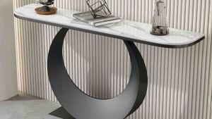 Kệ đứng bàn console trang trí phòng khách cạnh cửa nhà mặt đá vát cạnh với chân kim loại hình mặt trăng BC-35