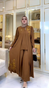 Setelan Celana Saviq - Baju Bordir Outer Wanita Tunik - Setelan 3 In 1 Kekinian Bahan Pololinen