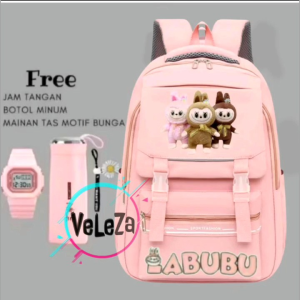 Tas Ransel Sekolah Anak Perempuan Remaja SD SMP Motif Labubu Free Botol Minum Kaca Jam Tangan Gantungan Tas Bunga