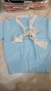 Áo Len Nữ Ngắn Tay Cổ Buộc Nơ Hàng Khuy Ngọc Thời Trang Trẻ Đi Chơi Đi Làm Dưới 58kg Habis