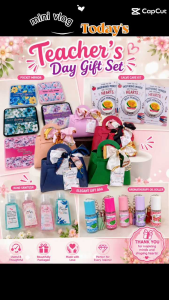 Floral-themed Happy Teachers Day gift set with ballpen efficascent oil hand sanitizer and keychain.
