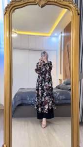 Setelan Long Tunik Rosa: Set Tunik Muslim Wanita Rayon Diamond Mix Celana Crinkle