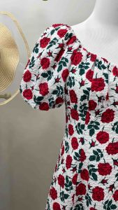 Red Floral Puff Sleeve Dress – Elegant & Fresh Summer Look