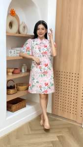 Mommade-เดรสให้นม ชุดให้นม Pink Flora Bow Dress