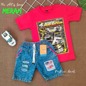 Baju Anak Laki Laki Usia 1 - 9 tahun Setelan Kaos Distro Merah Kuning Kunyit Tosca Lime Sage Denim Dusty Rose Hitam dan Celana Pendek Jeans Ripped Sobek Bendera Warna Snow Blue