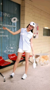 Gi-ants N-61เสื้อเชิ้ตแขนกุด ลายริ้วผ้าแฟชั่น ทรงสวยใส่สบาย งานป้าย