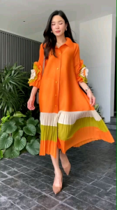 แม็กซี่เดรสตัวยาว แพทเทิร์นอัดพลีท ทรงสวย ระดับ Premium 👍🏻 ดีไซด์แขนยาว แต่งชายระบายแขนเสื้อ แบบดอกกุหลาบ