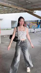 POPPY TOP เสื้อสม็อคผูกโบว์หน้า สายมียางยืด ผ้าคอตตอนฉลุลาย