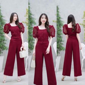 18810 Set 2 ชิ้น เสื้อแต่งแขนพอง + กางเกงขายาว ทรงขาบาน ..