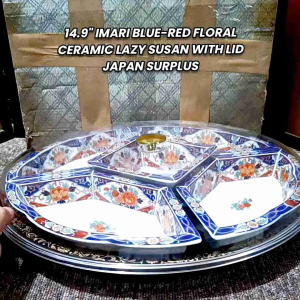 14.9" JAPAN SURPLUS IMARI BLUE RED FLORAL CERAMIC LAZY SUSAN WITH LID TURNTABLE ROTATING DISH • TABLEWARE
