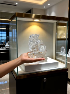 Clear Quartz Pixiu Crystal Decoration with Detailed Carving on Display Stand