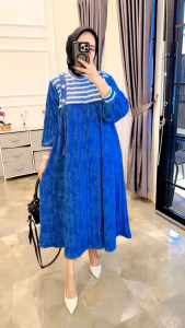 Gamis Midi Dress Kaos Knit Rajut Import Plisket Salur Cantik