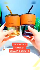 REJEKI 9393.- NEW GELAS TUMBLER AESTHETIC GELAS MINUM KACA FREE TUTUP + SEDOTAN KACA 400 ML
