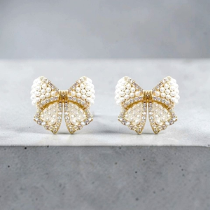 Bông Tai Nơ Pearl Bow vàng đính đá ngọc trai phong cách thanh lịch sang trọng