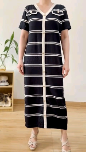 ●ECLAIRE● 003 Dress Midi Knit Rajut Motif Salur Stripe Garis Kasual Korea Santai Modis mode Import D8678